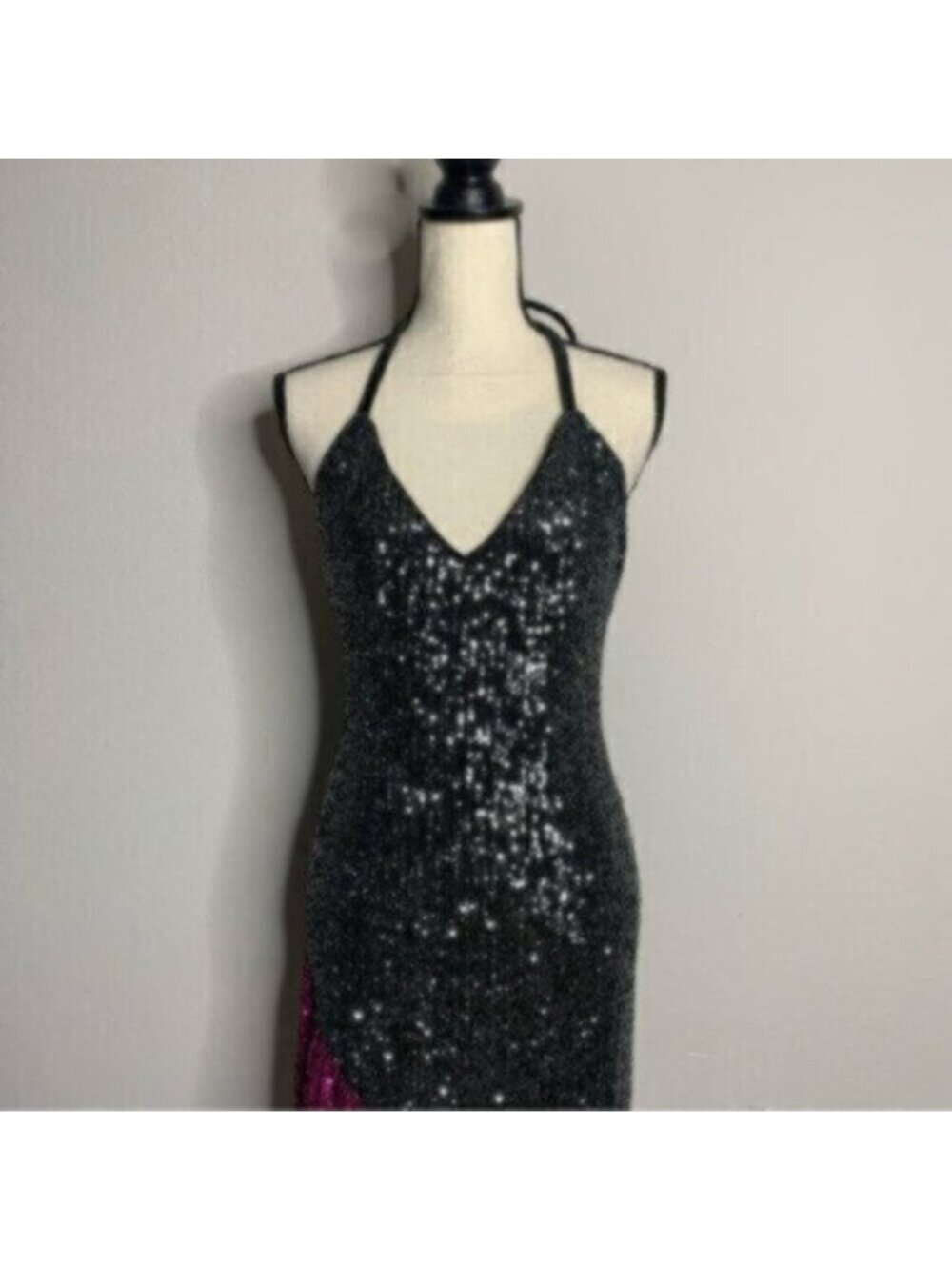 NWT One33 Social Black & Purple Sequin Colorblock Backless Halter Dress - Picture 9 of 15